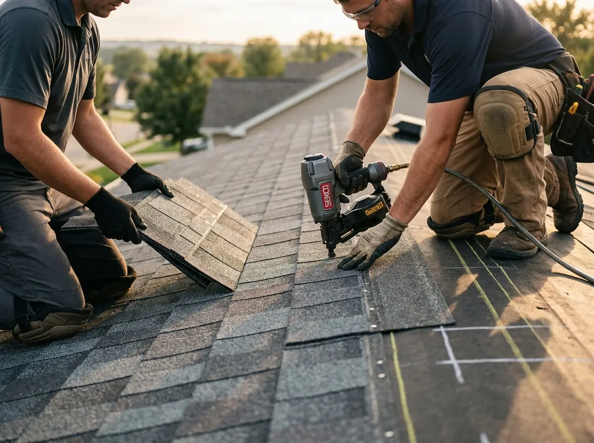 Professional roofer working on a residential roof in Severna Park